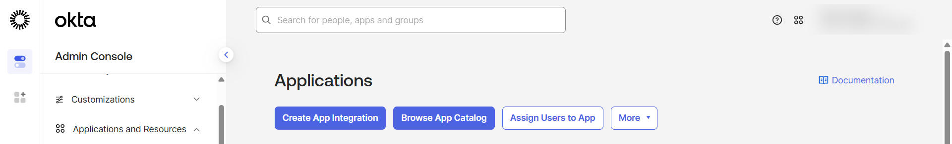 Okta Admin Console Applications page with the Create App Integration button