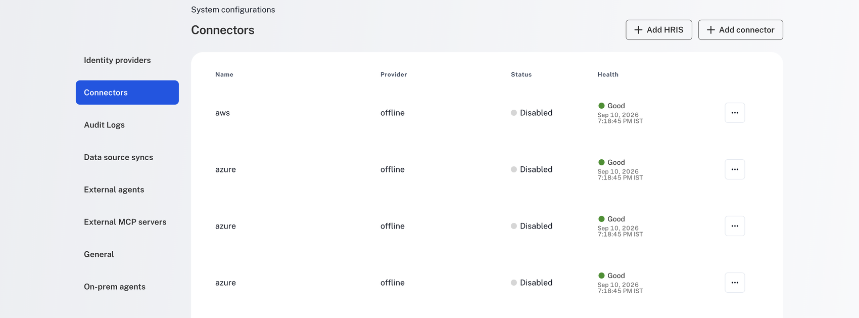 The Connectors page under System configurations, listing connectors with Status and Health columns and the Add HRIS button top right
