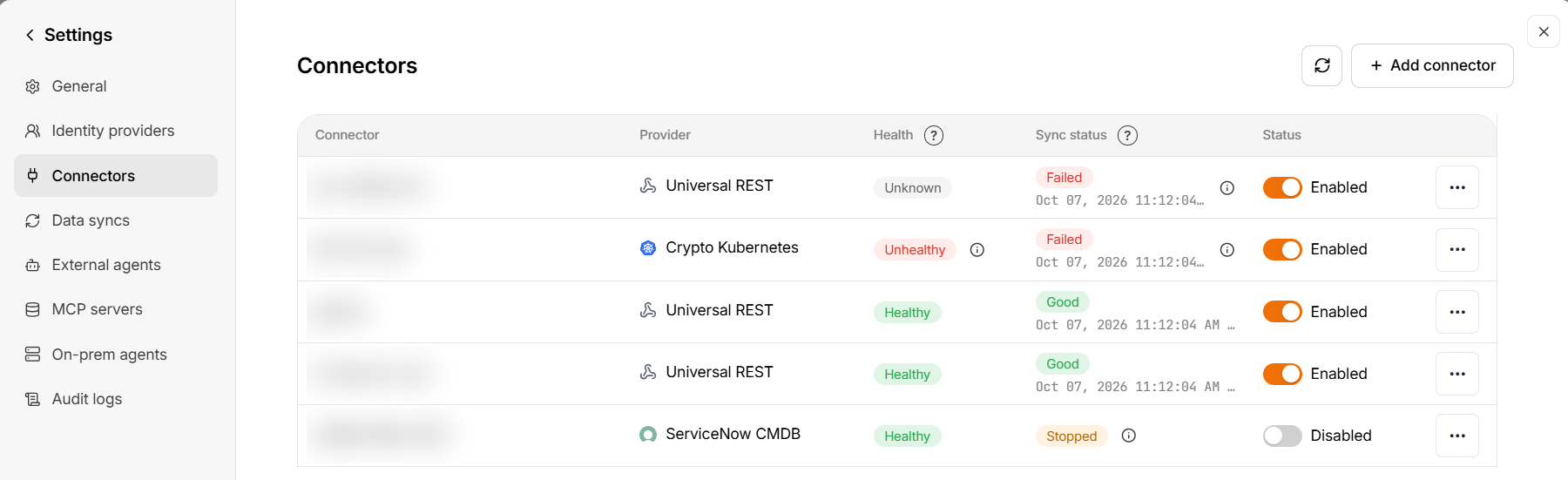 The Connectors page: a table with Connector, Provider, Health, Sync status and Status columns, showing rows that are Unknown and Failed, Unhealthy and Failed, Healthy and Good, and Healthy and Stopped