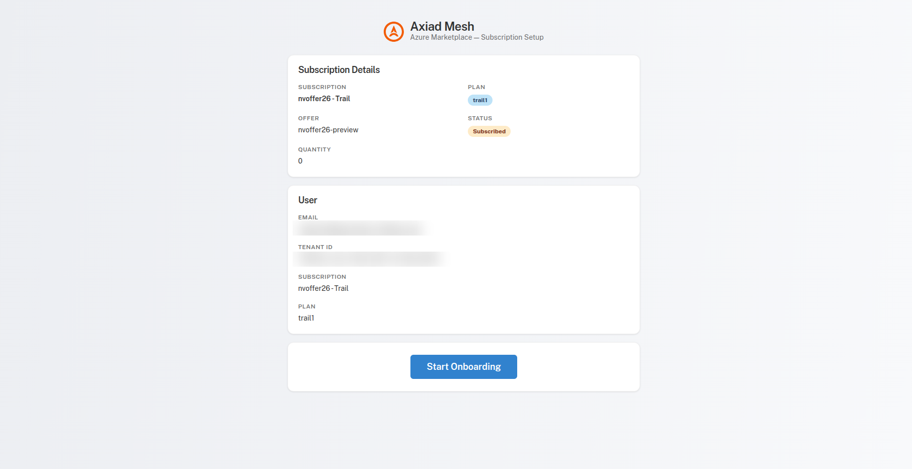 Axiad Mesh subscription setup page with the Start Onboarding button