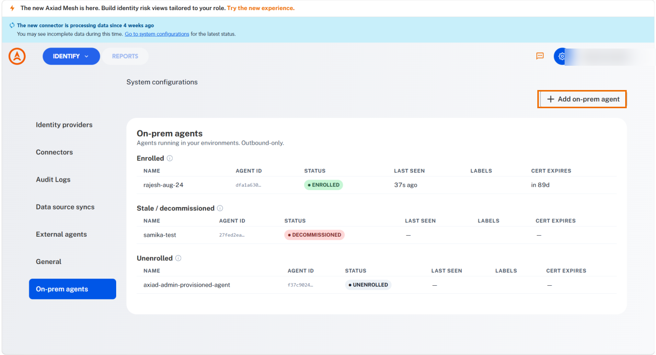The On-prem agents page in Mesh listing agents grouped as Enrolled, Stale slash decommissioned and Unenrolled, with the Add on-prem agent button highlighted in the top right