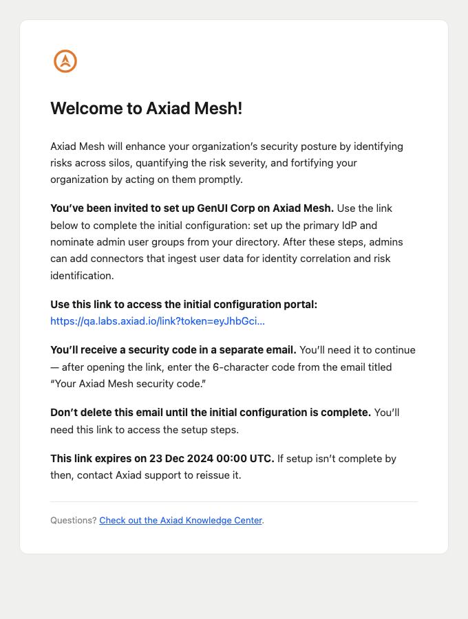 The "Welcome to Axiad Mesh" email containing the one-time setup link
