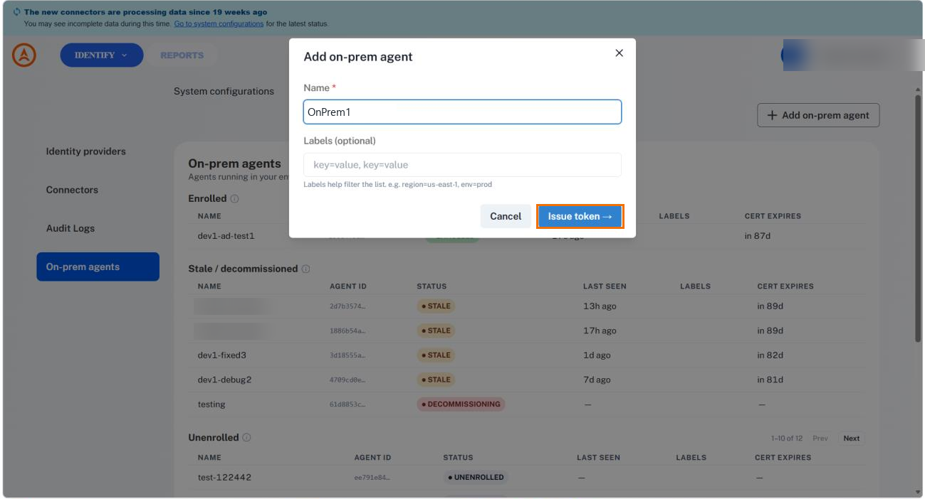 The Add on-prem agent dialog with a name entered, an empty optional labels field, and the Issue token button highlighted
