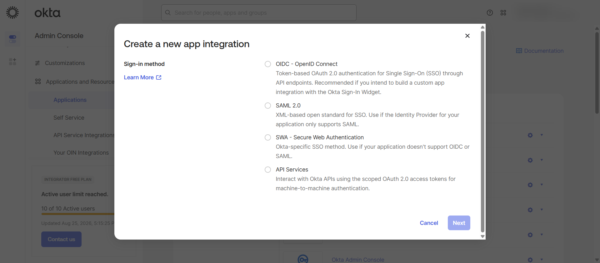 Create a new app integration dialog listing the available sign-in methods