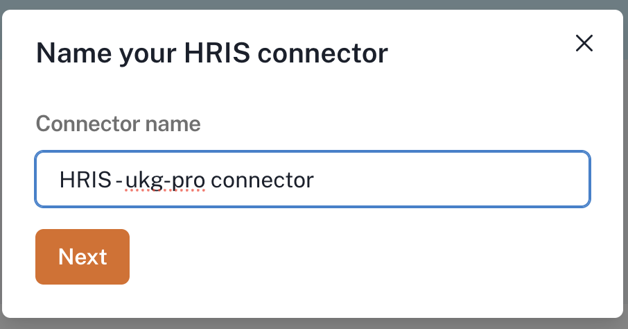 The Name your HRIS connector dialog with a connector name filled in and the Next button
