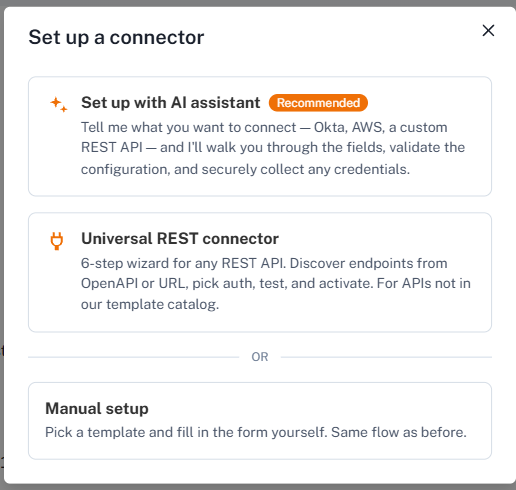 The Set up a connector dialog, offering AI assistant, Universal REST connector, and Manual setup