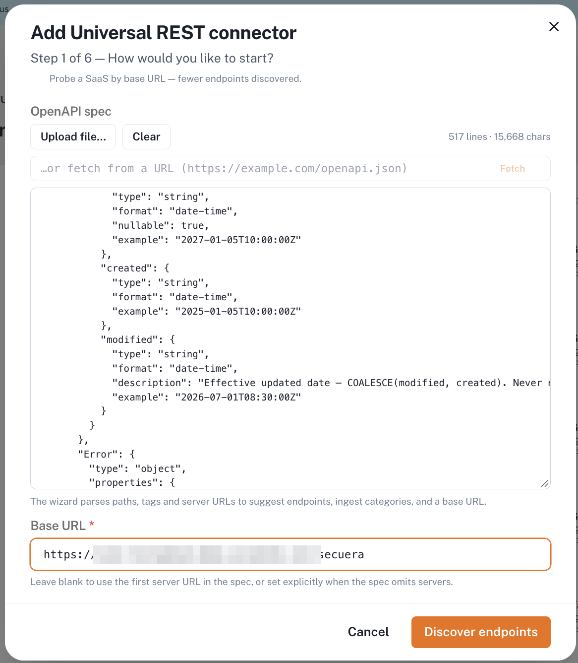 Step 1 with the UCMS OpenAPI document pasted into the spec field and the Conductor tenant address entered in the Base URL field