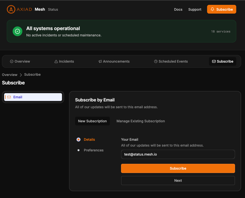 The Subscribe tab: Subscribe by Email with the New Subscription and Manage Existing Subscription tabs, the Details and Preferences steps, an email address field, and Subscribe and Next buttons