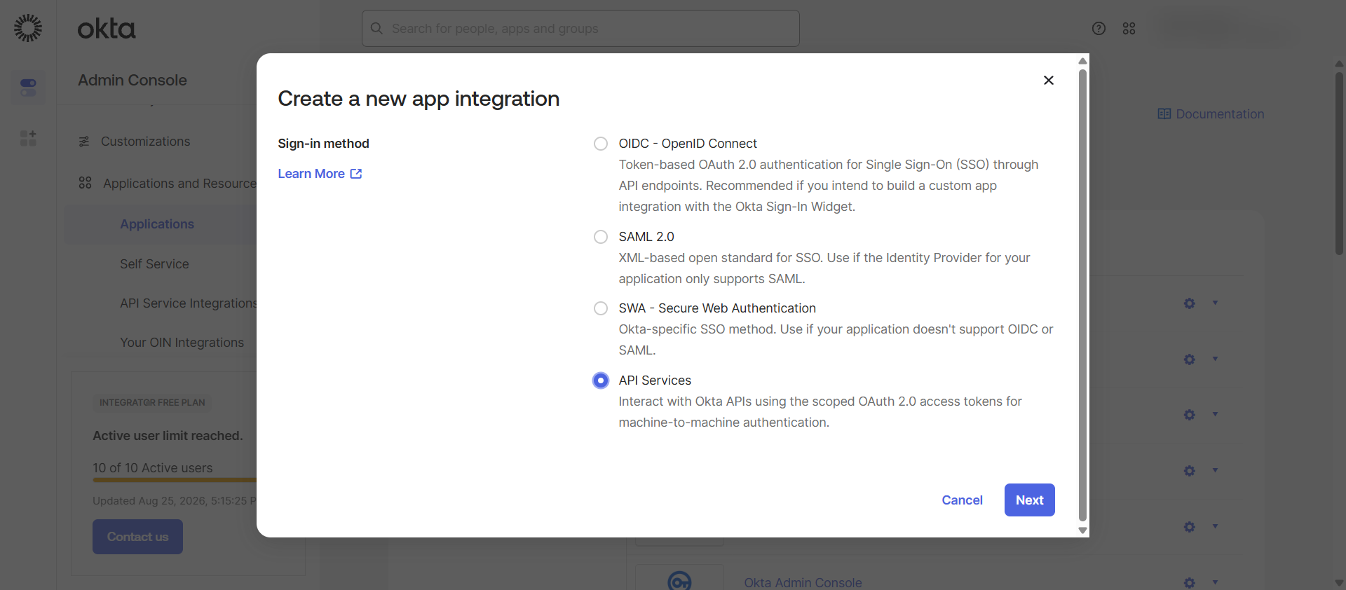Create a new app integration dialog with API Services selected