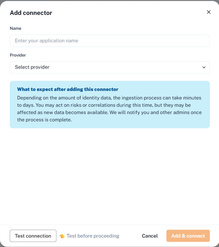 The Add connector dialog with the Name field and the Provider list