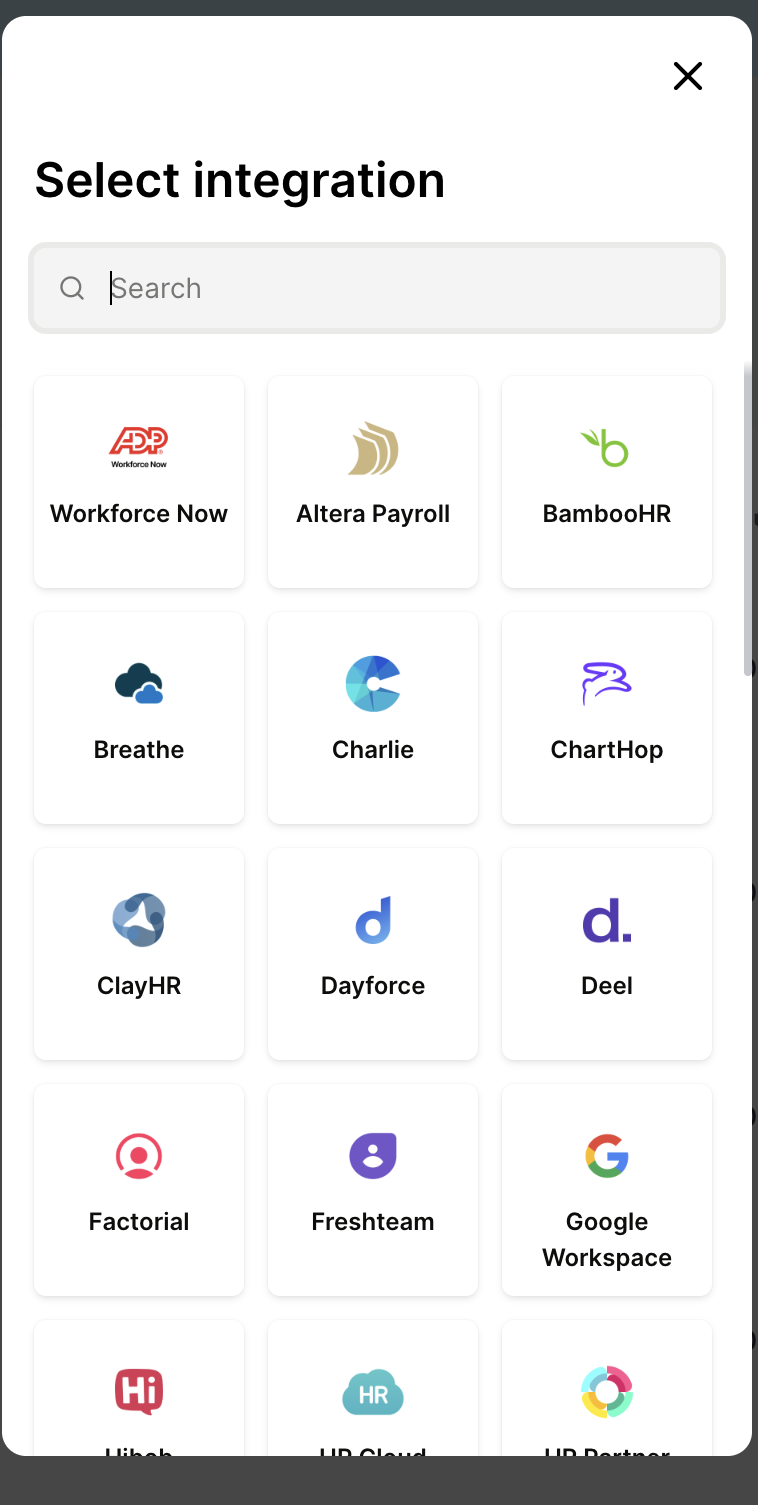 The Select integration window listing HR platforms as searchable tiles