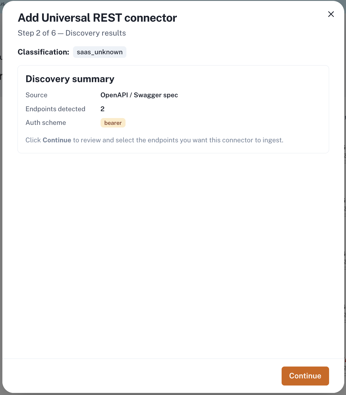 Step 2 discovery results, reporting the OpenAPI source, two endpoints detected, and bearer as the authentication scheme