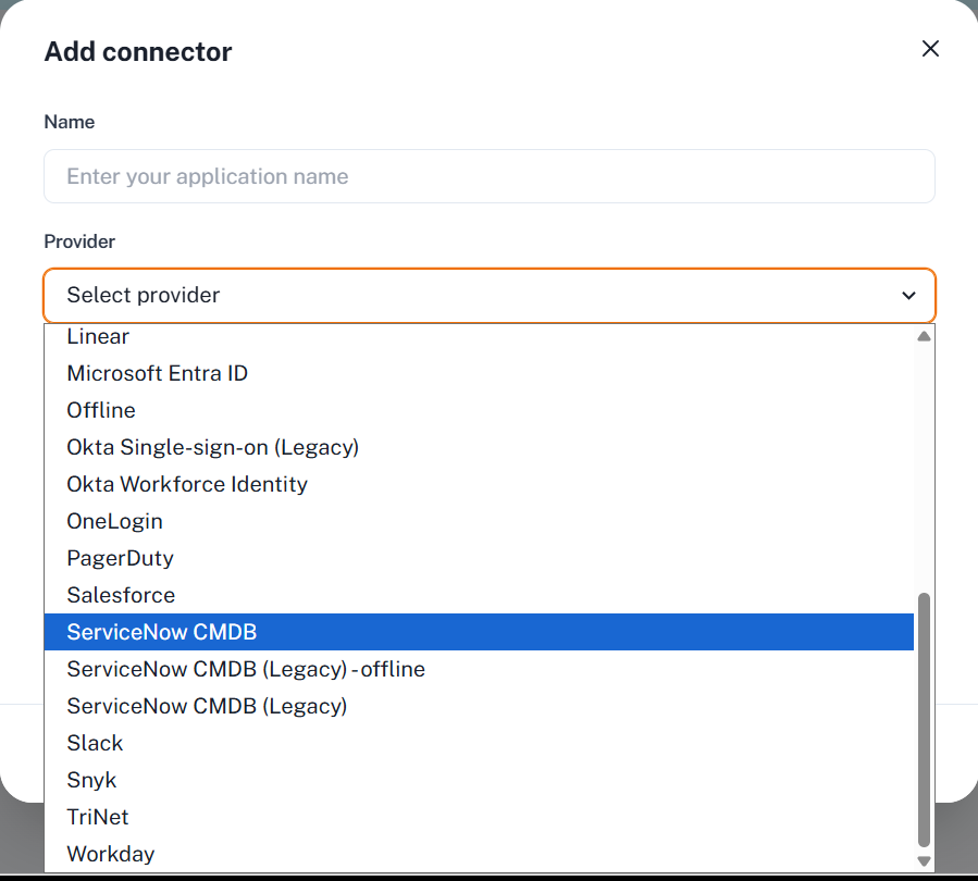 The Provider list open, with ServiceNow CMDB highlighted above the two Legacy entries