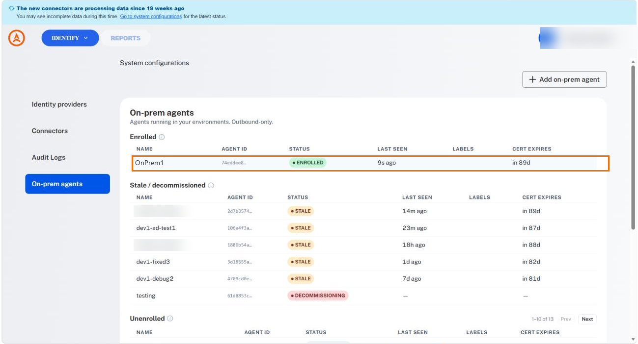 The On-prem agents list with the newly enrolled agent highlighted in the Enrolled group, showing status Enrolled and last seen 9 seconds ago