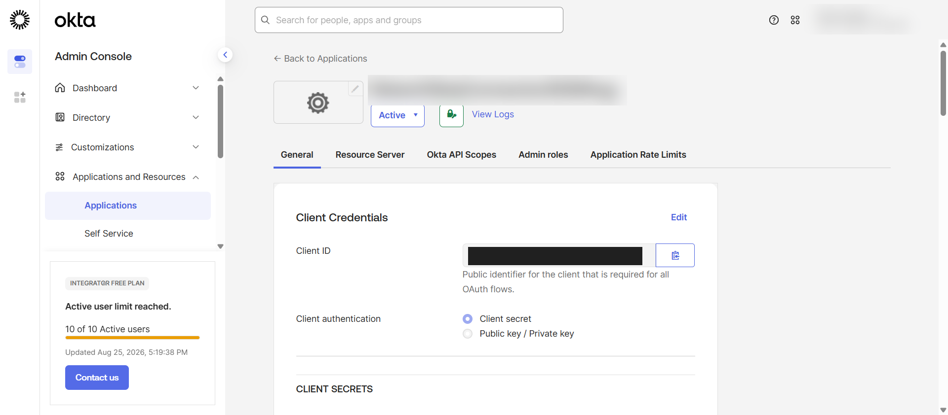 The application's General tab showing the Client Credentials section