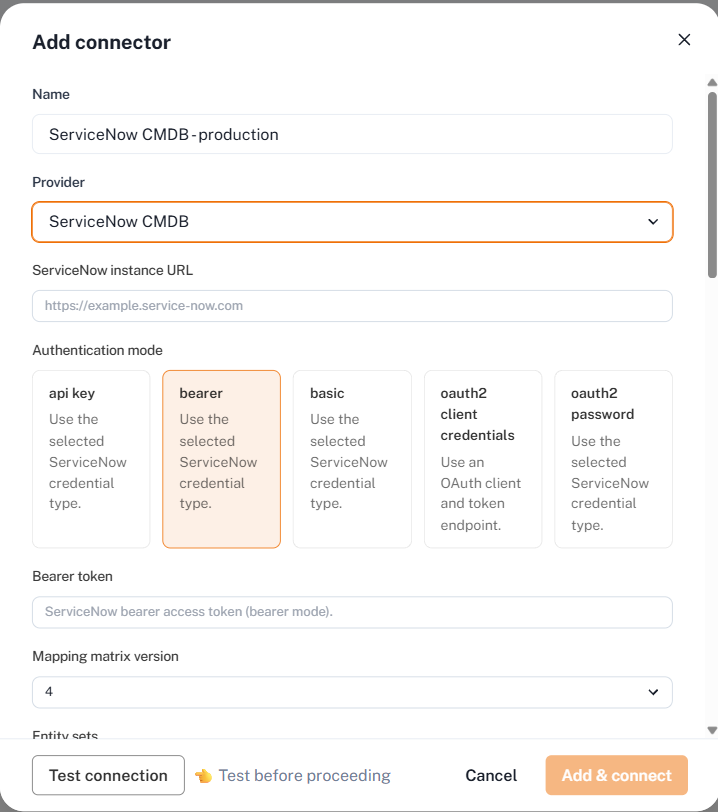 The ServiceNow instance URL field and the five authentication mode cards