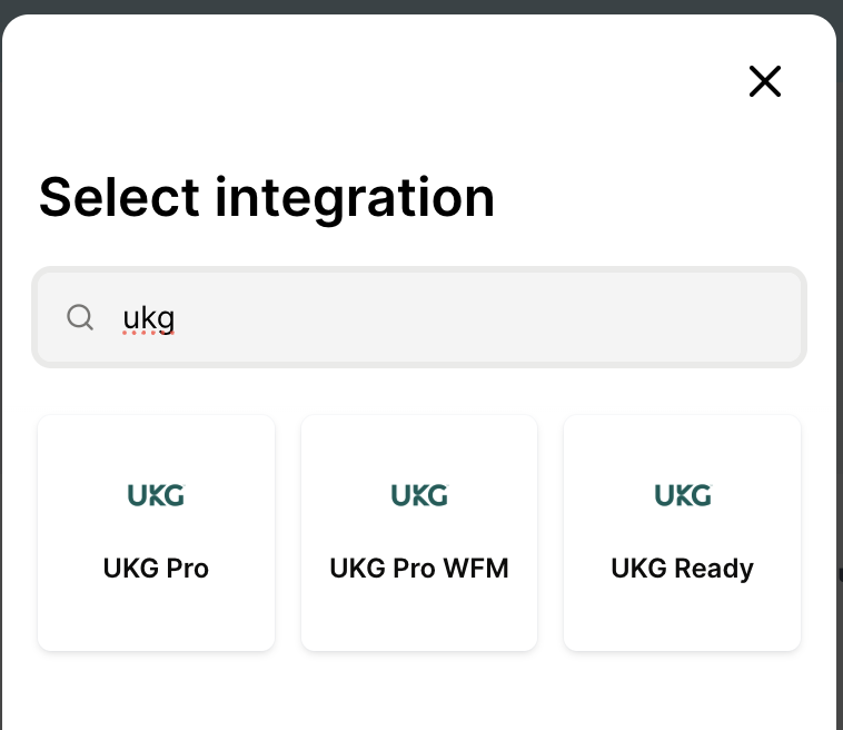 The Select integration window filtered by a search term, showing three matching products