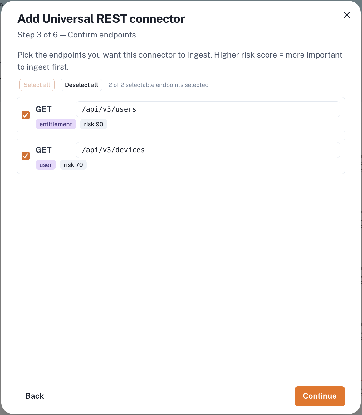Step 3 with both Conductor endpoints selected, each showing its suggested ingest category and risk score