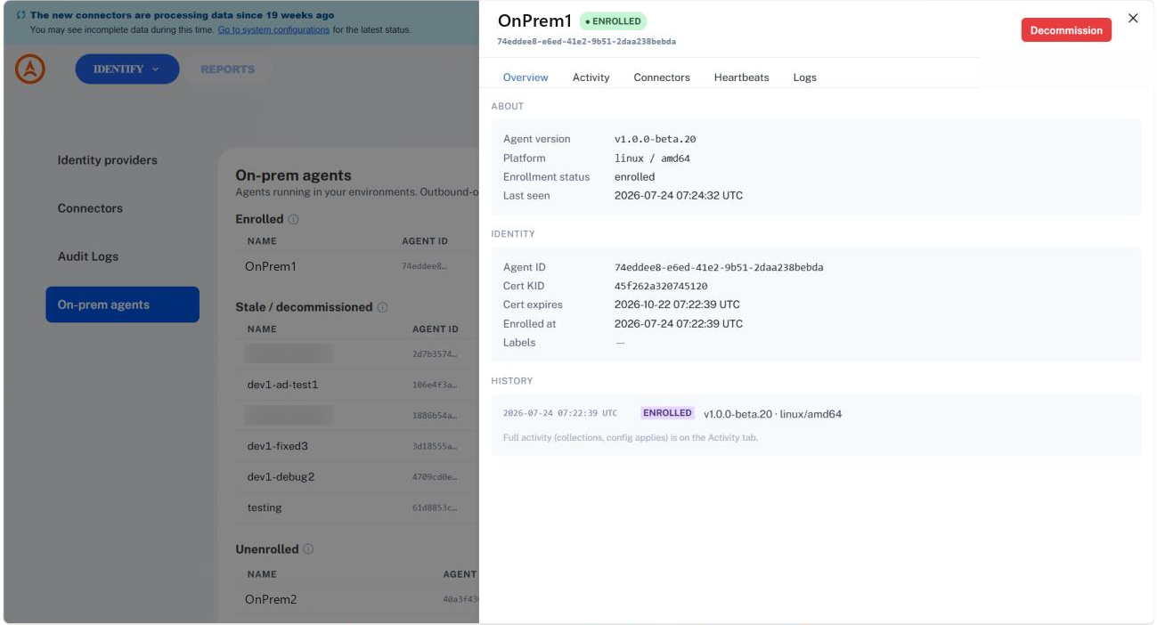 The agent Overview tab showing enrollment status, agent version, platform, agent ID, certificate KID and expiry, and enrollment history