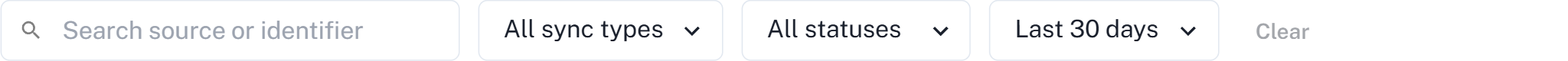 The filter row: search box, sync type, status and time range, with a Clear link