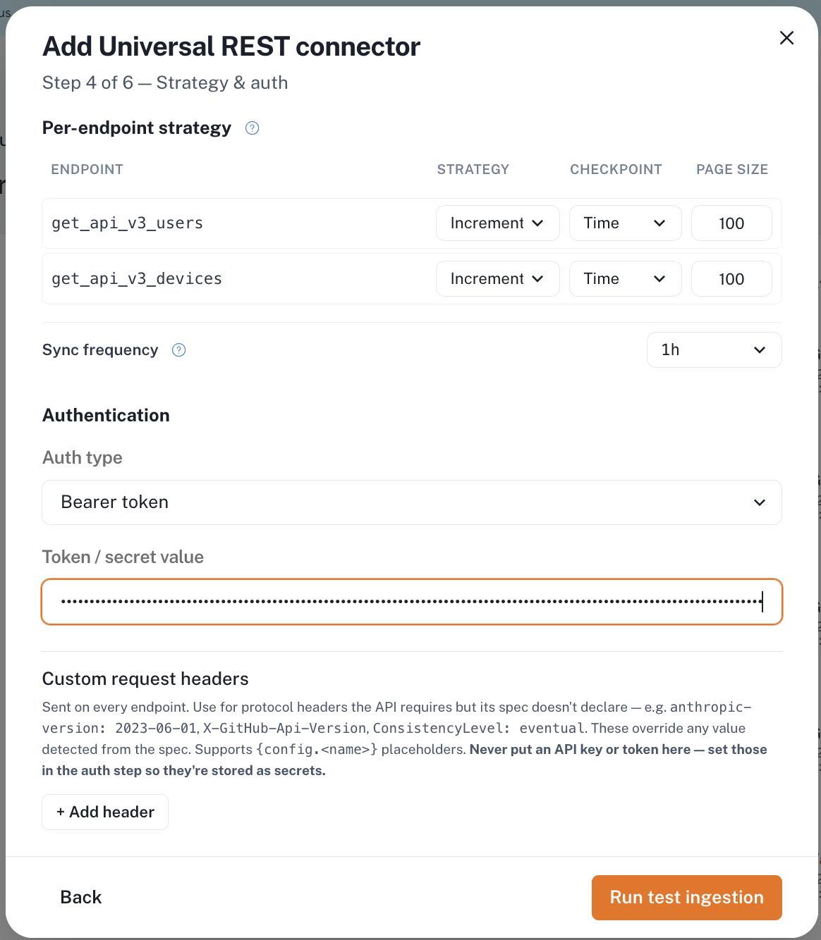 Step 4 showing per-endpoint strategy, checkpoint and page size, the sync frequency selector, and the bearer token field
