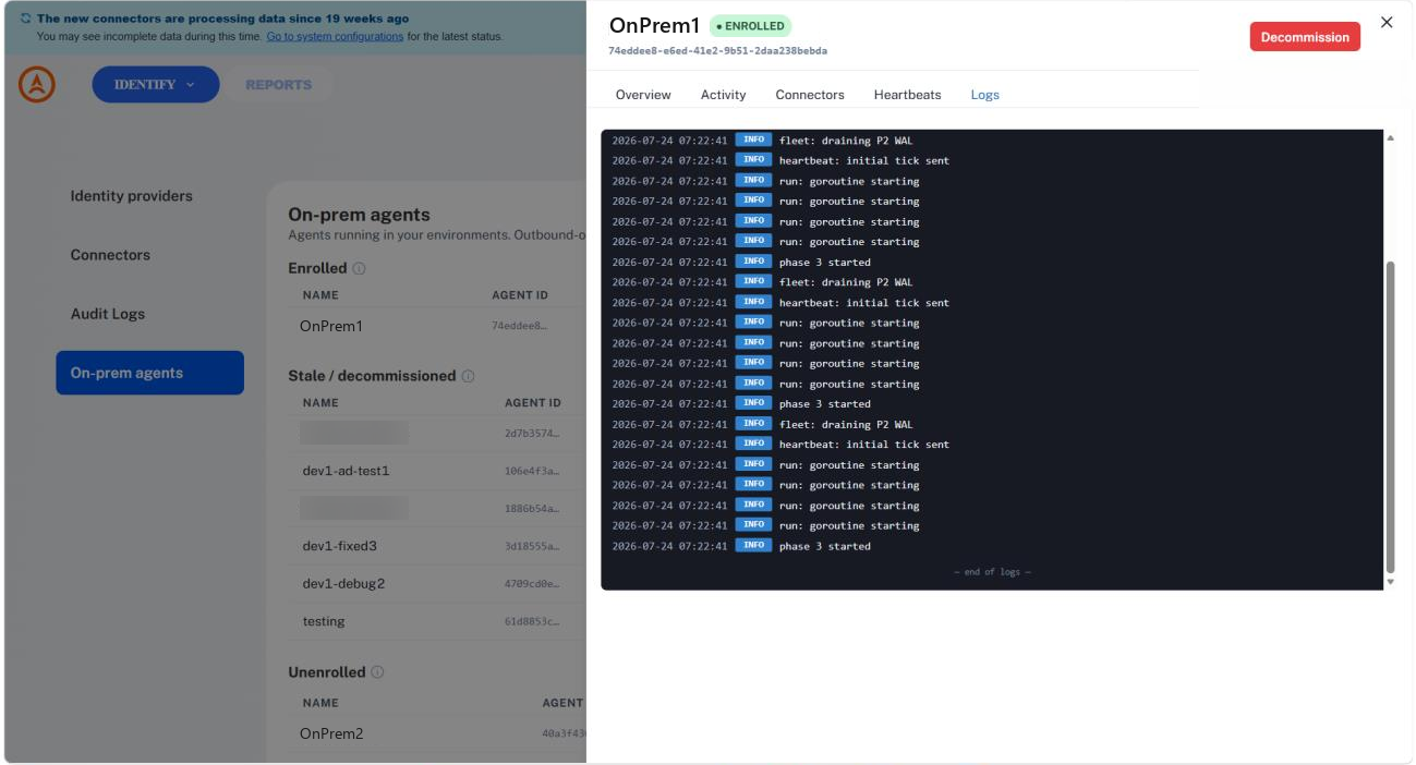 The agent Logs tab showing timestamped agent log lines in a console view