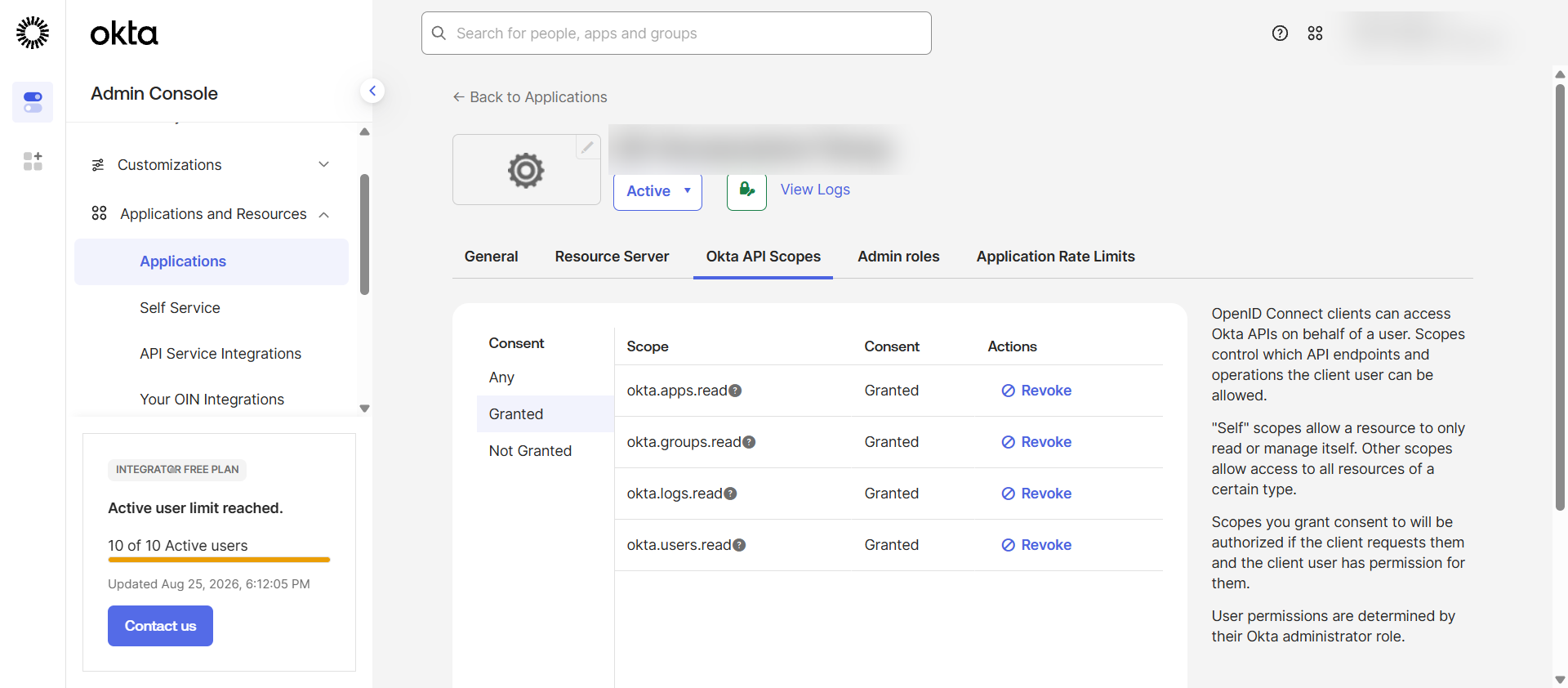 The Okta API Scopes tab filtered to Granted, listing okta.apps.read, okta.groups.read, okta.logs.read, and okta.users.read