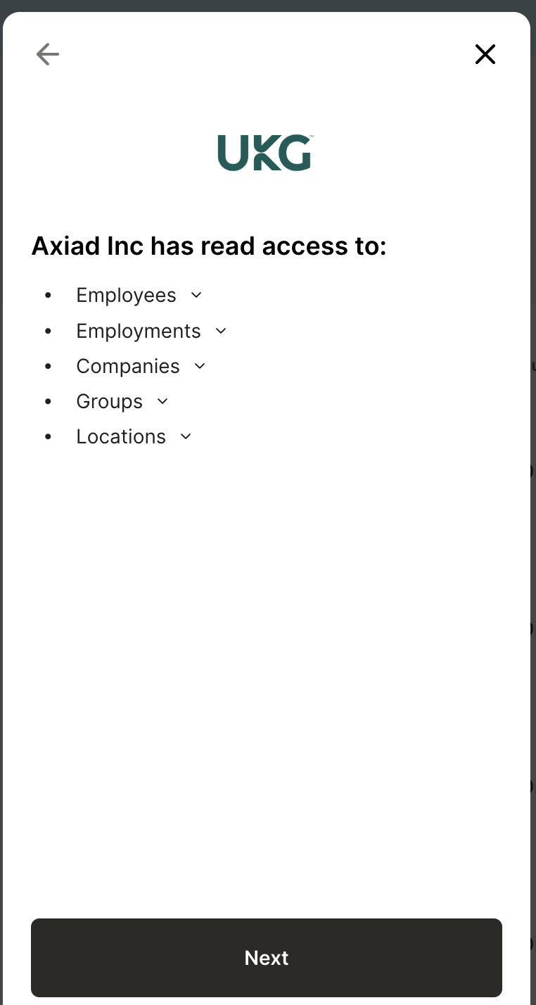 The consent screen listing the record types Mesh will have read access to, with the Next button