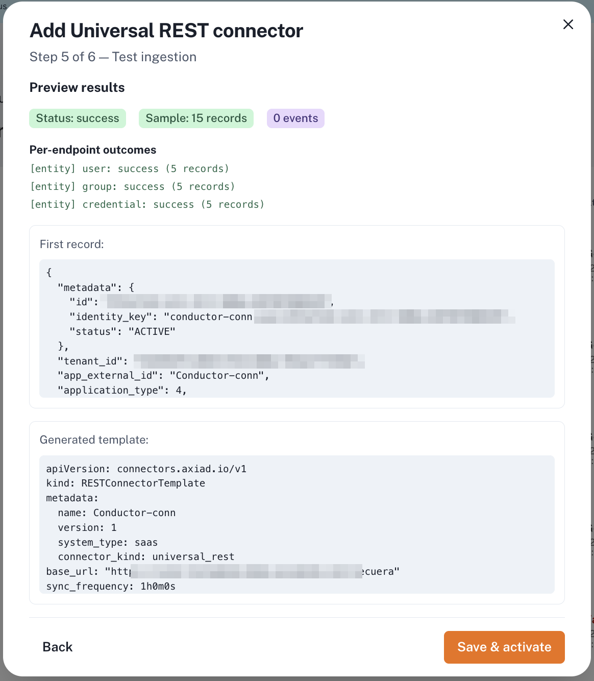 Step 5 test ingestion reporting success with user, group and credential outcomes, a sample record, and the generated connector template