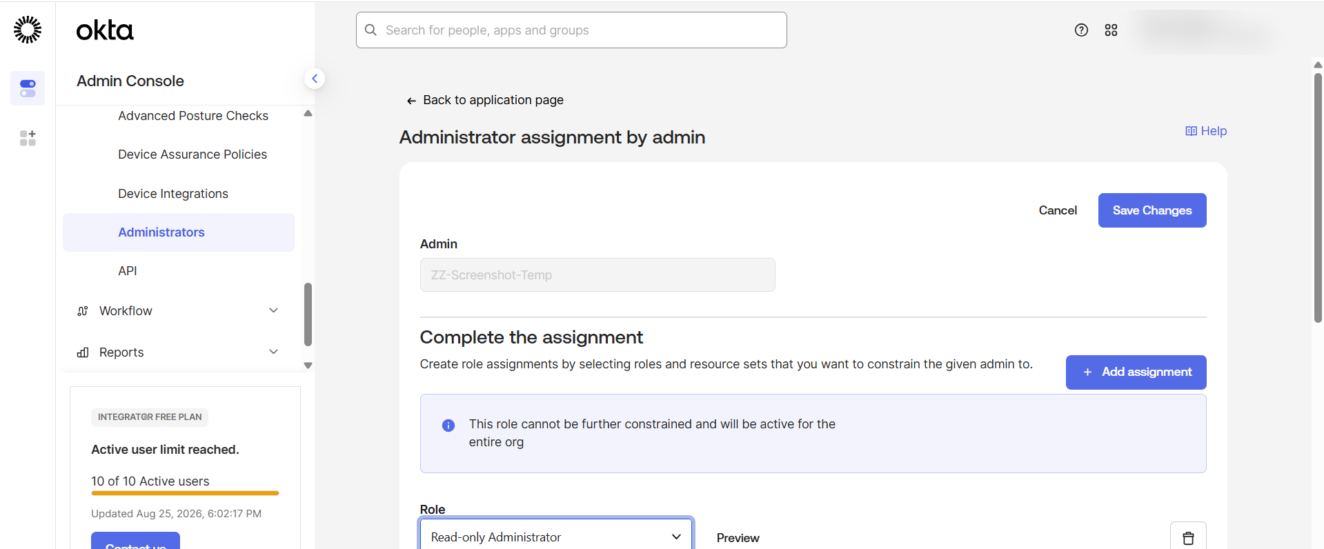 The administrator assignment page with Read-only Administrator chosen as the role
