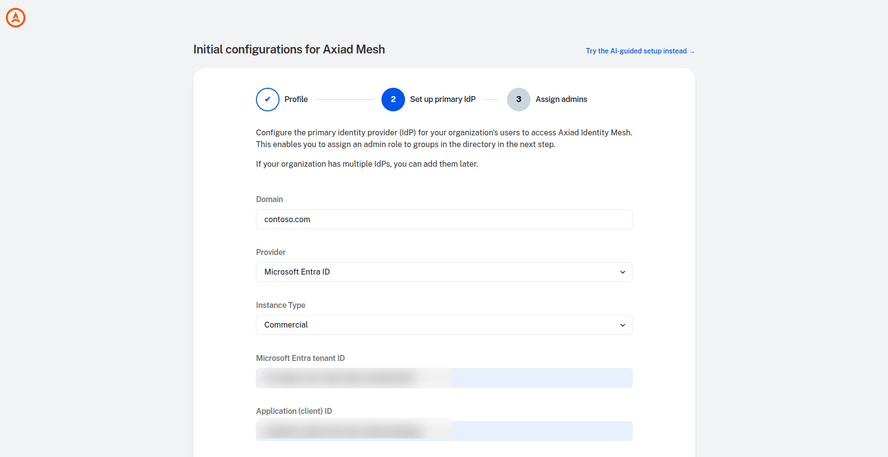 Identity provider form completed, top section