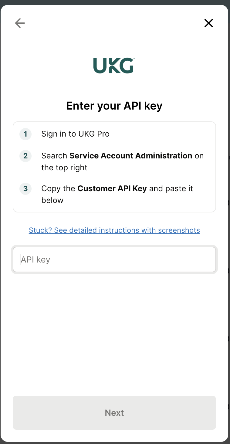 The connection window asking for the UKG Pro Customer API key