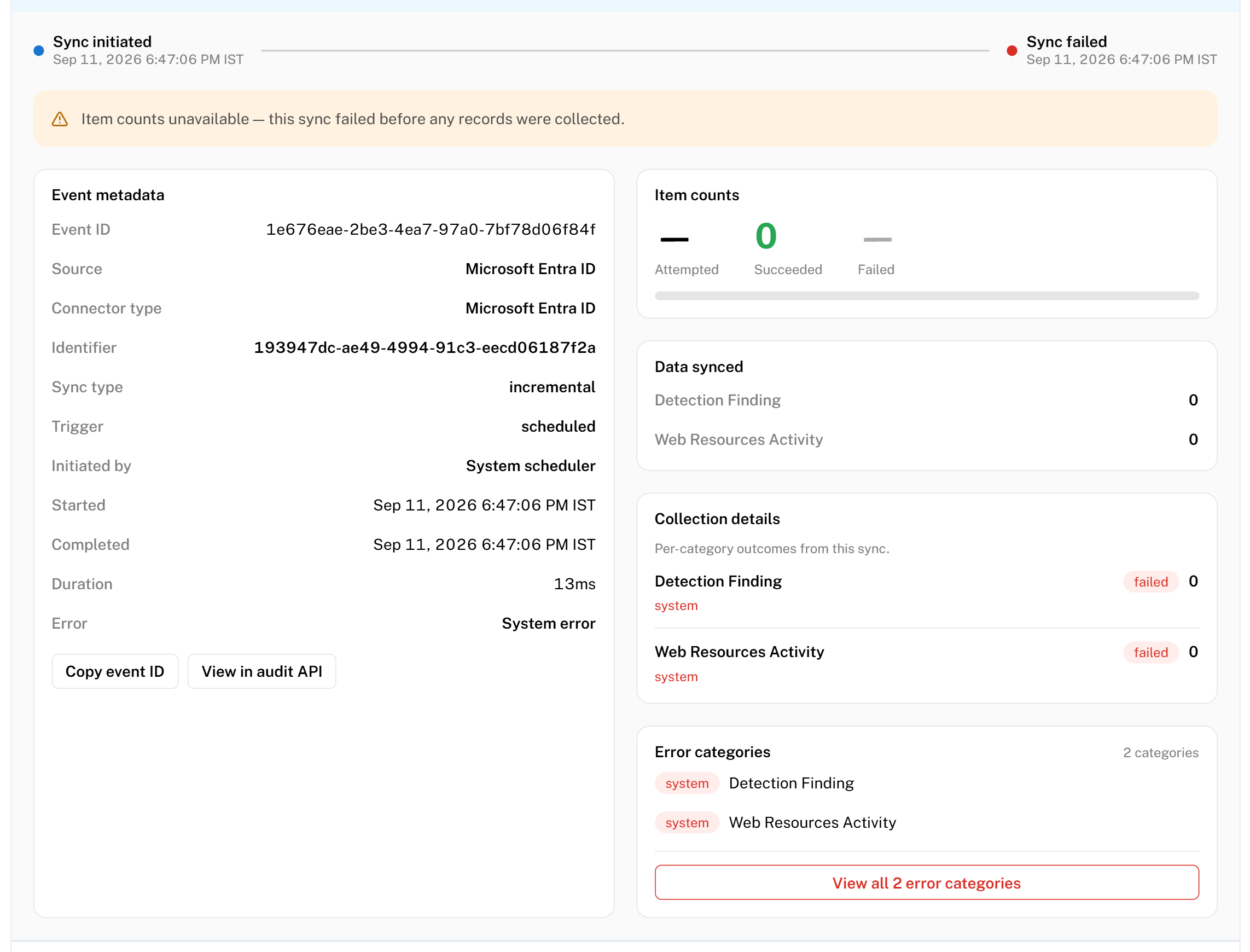 An expanded failed run: item counts unavailable, the Error field reading System error, and both categories marked failed