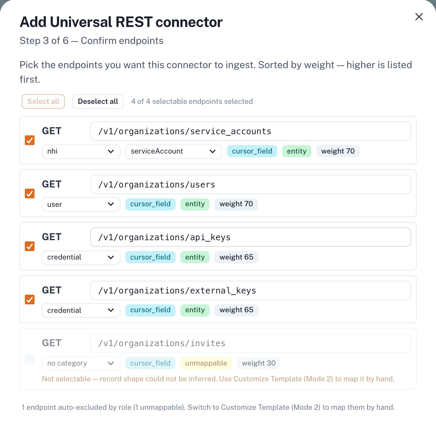 Step 3 of the Add Universal REST connector dialog, Confirm endpoints, with a service accounts endpoint set to nhi and serviceAccount, a users endpoint set to user, two key endpoints set to credential, and an invites endpoint left out as unmappable