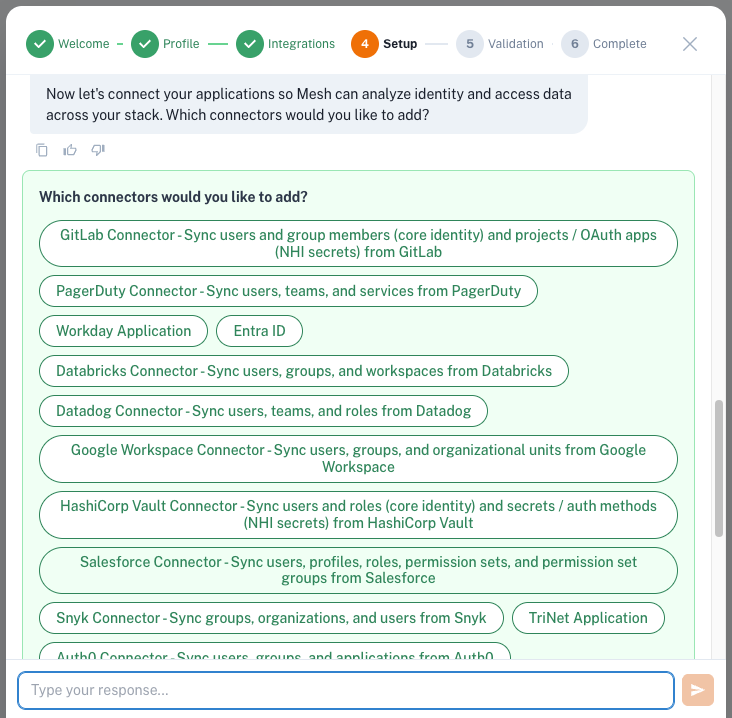 Selecting connectors in the setup assistant