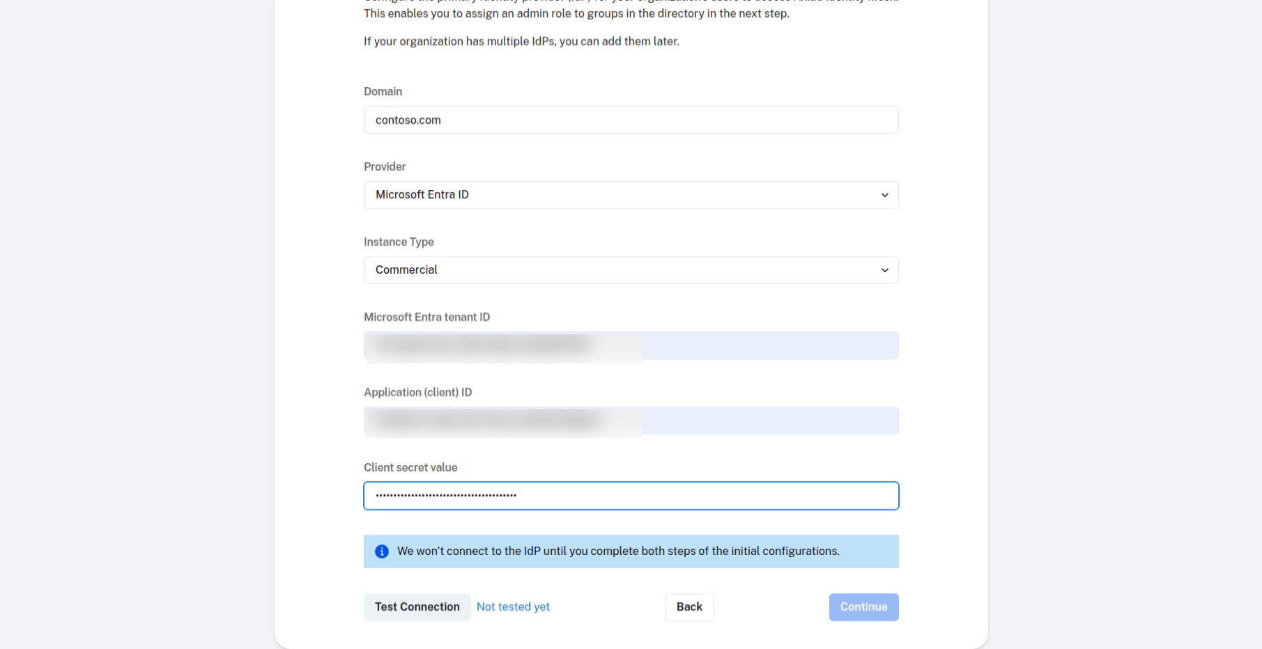 Identity provider form completed, with Test Connection