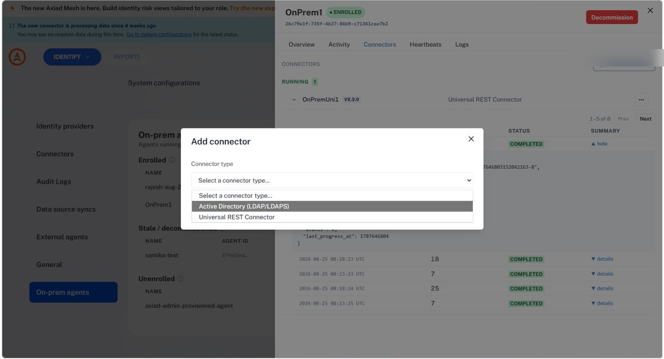 The Add connector dialog with the connector type list open, showing Active Directory LDAP or LDAPS and Universal REST Connector