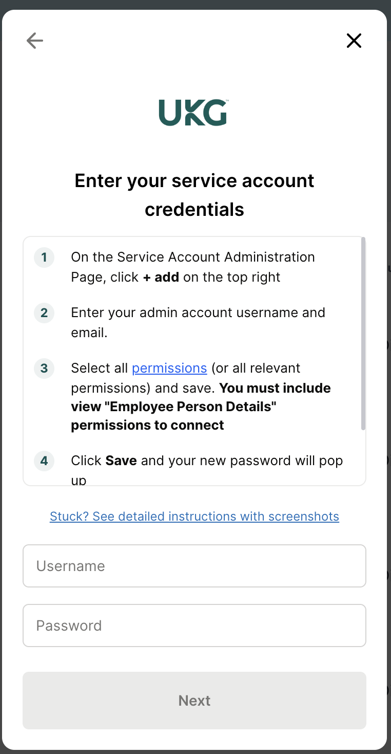 The connection window asking for the UKG Pro service account username and password
