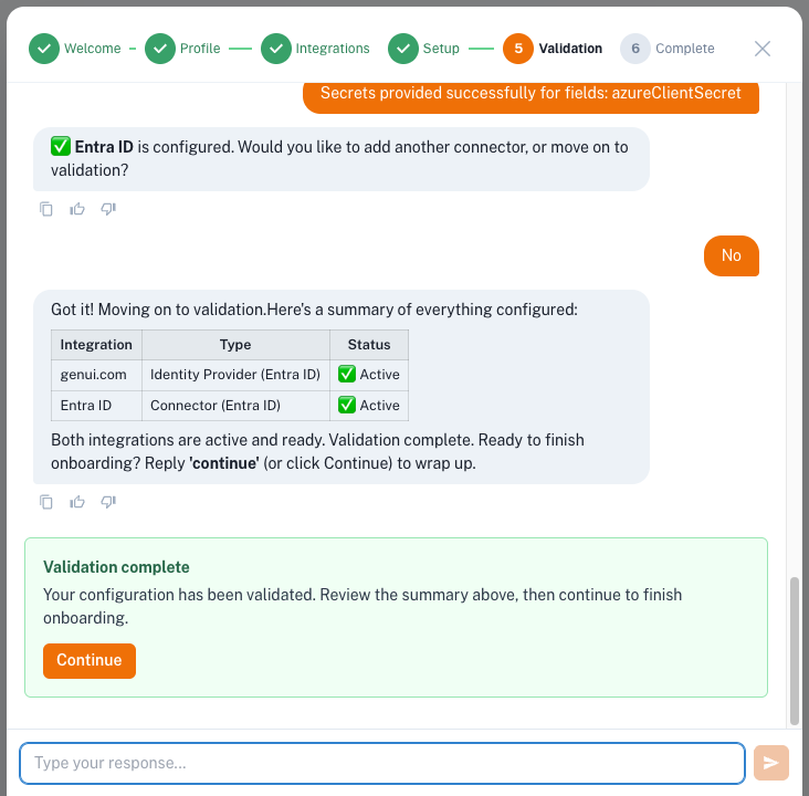 The setup assistant's validation summary