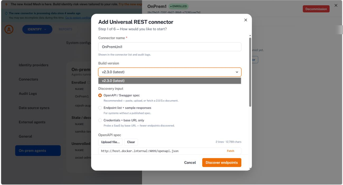 Step 1 of the Universal REST connector wizard with a connector name, build version, and the three starting options: OpenAPI or Swagger spec, endpoint list with sample responses, and credentials with base URL only