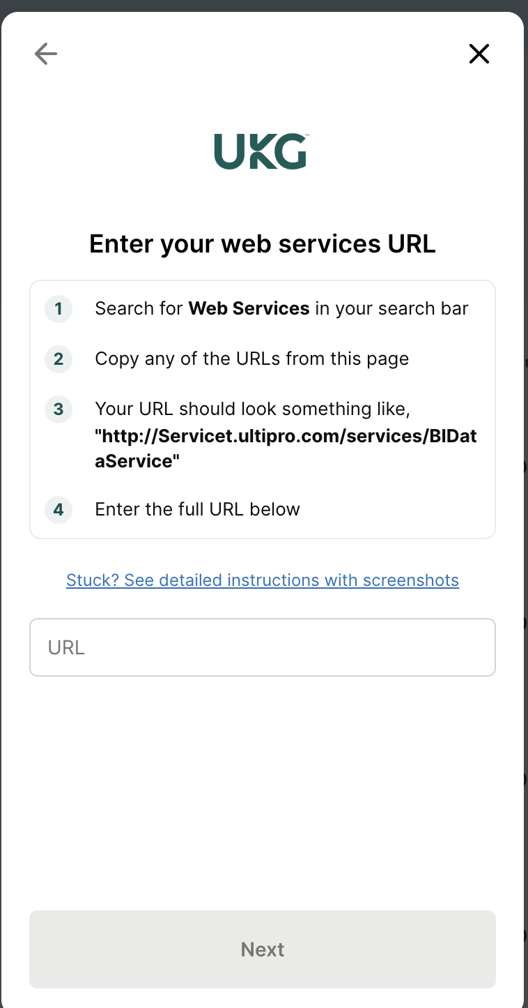 The connection window asking for the UKG Pro web services URL
