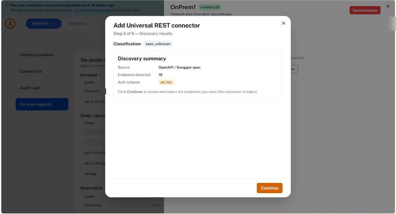 Step 2 of the wizard showing a discovery summary with the source, the number of endpoints detected, and the detected auth scheme