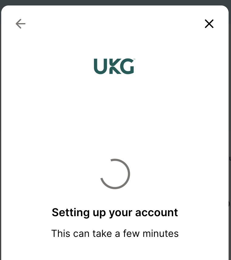 The Setting up your account step with a progress spinner and the note that it can take a few minutes