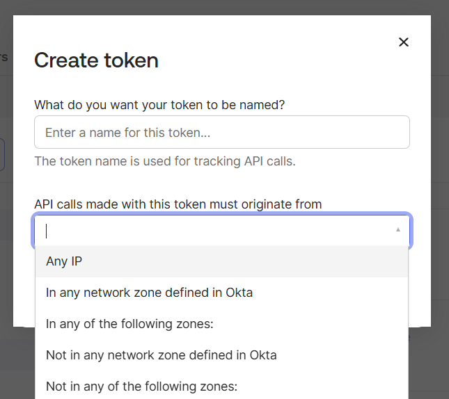 The originate-from list expanded, showing Any IP alongside the network zone options