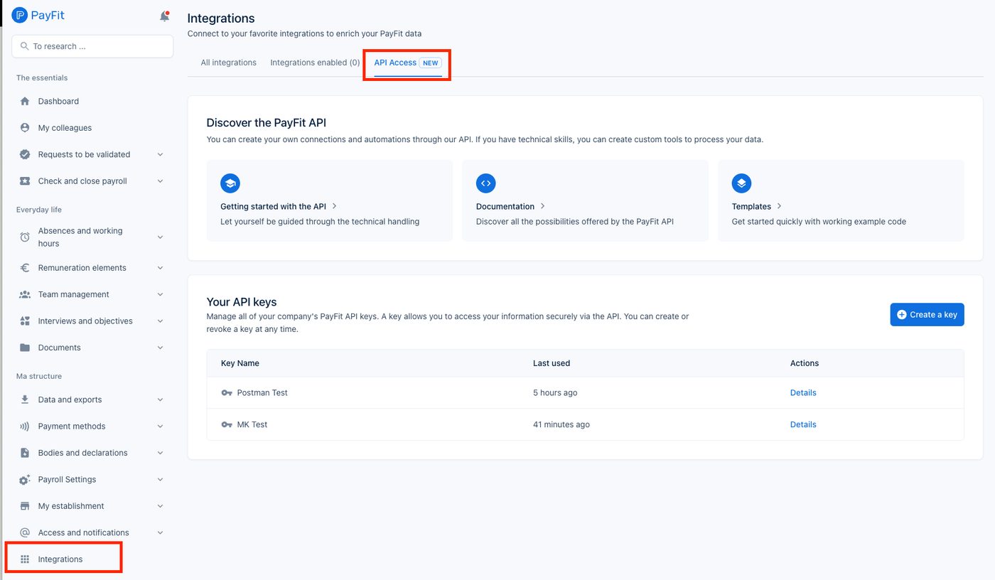 The PayFit integrations panel with API Access