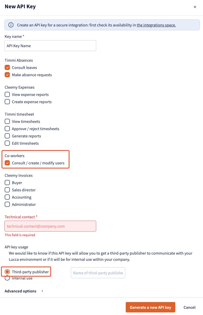 Selecting permissions for the new API key