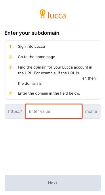 Entering the Lucca tenant URL in the connection window