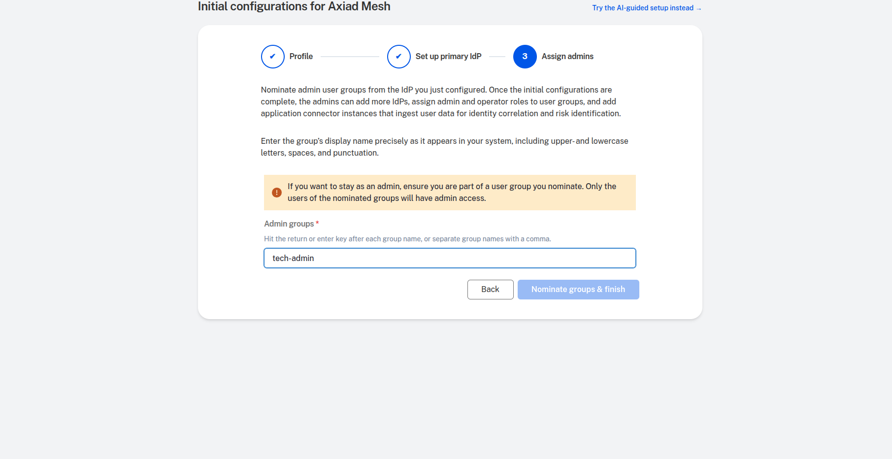 Assign admins step with a group added