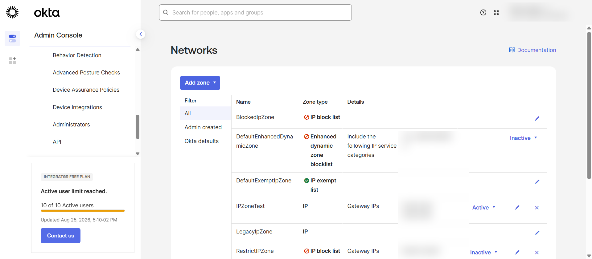The Networks page listing the org's network zones, with the Add zone button