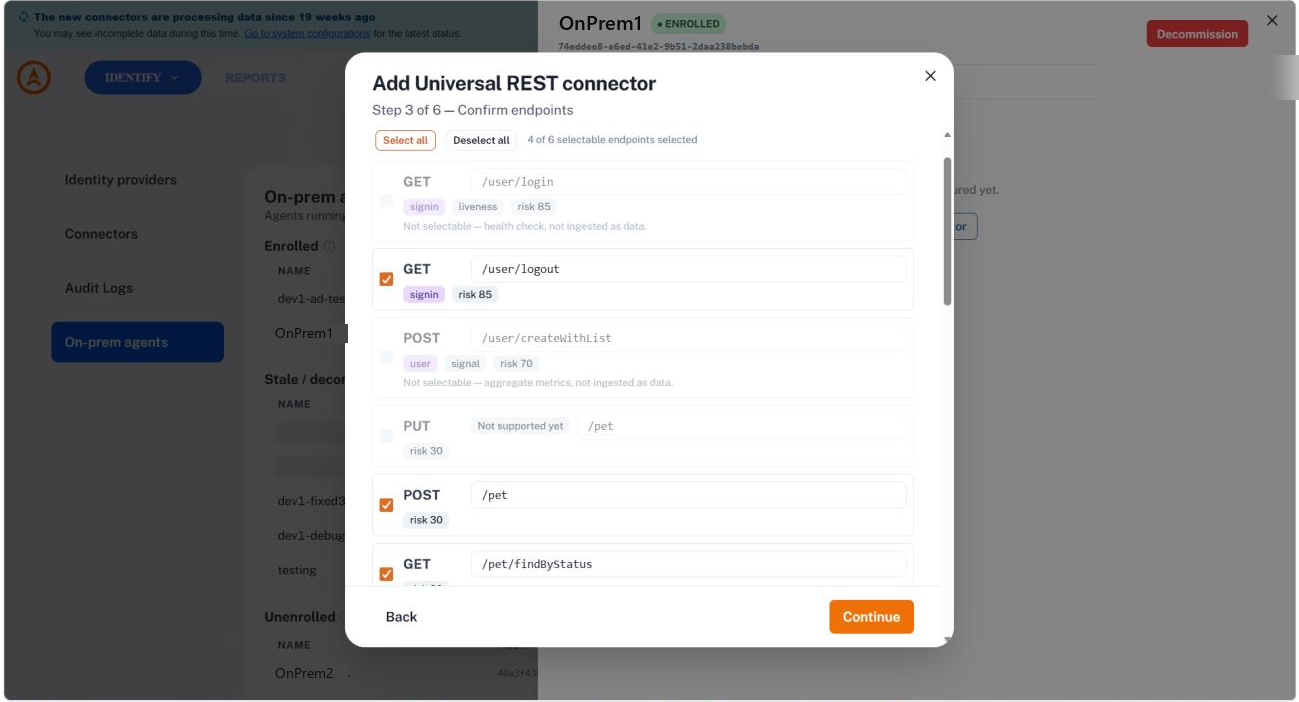 Step 3 of the wizard listing discovered endpoints with checkboxes, data tags and risk scores, and greyed-out entries showing why they are not selectable